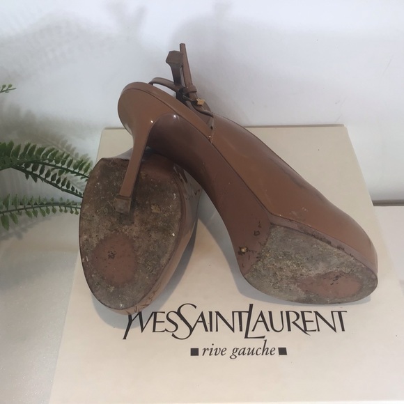 YVES SAINT LAURENT VITELLO VERN PATENT LEATHER SLINGBACK STILETTO HEELS NUDE 7.5 - Picture 15 of 16